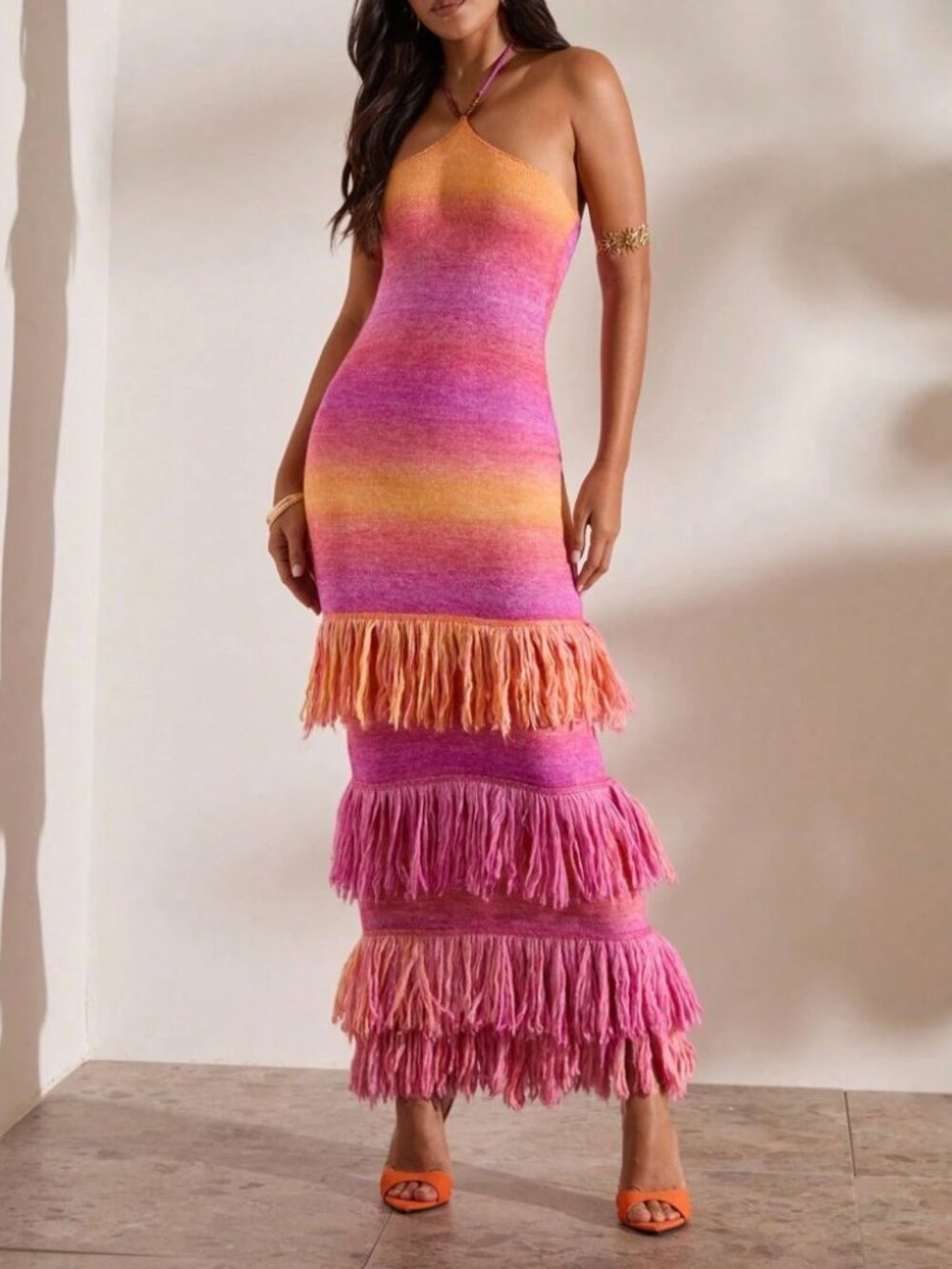 Sunset Ombre Knit Fringe Halter Maxi Dress